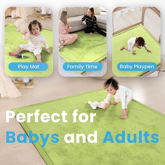 1.3" Thick Baby Play Mat for Floor Playpen, 50x50 Foam Tummy Time Mat, Padded Support Soft Plush Nursery Rug for Infant Kids Toddler Crawling Kick Activity (Light Green)