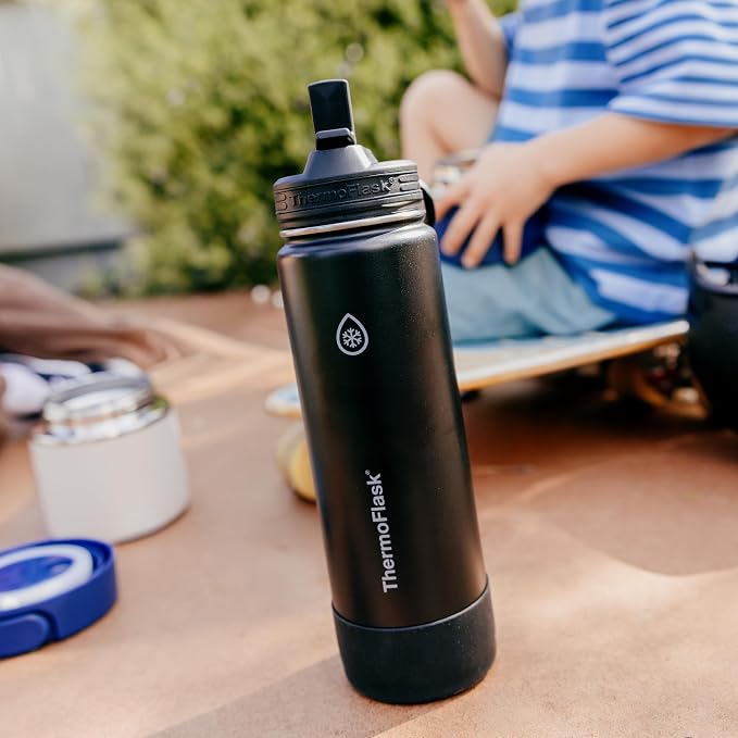 ThermoFlask Insulated Water Bottles, Spout Lid, 2-Pk, 32 oz, Black/Blue