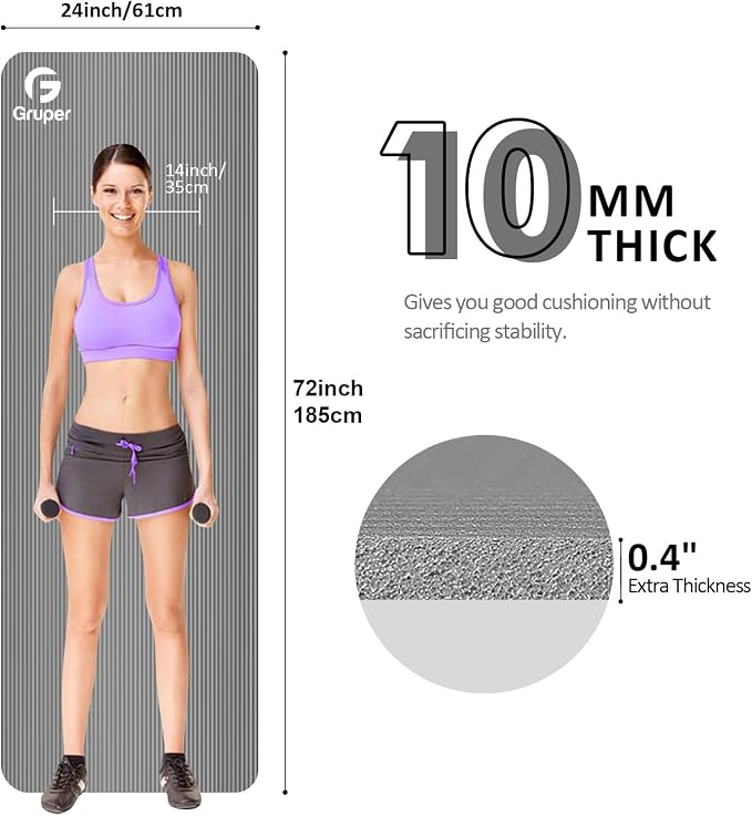 Gruper Yoga Mat Non Slip NBR Extra Thick Yoga Mat, 72"L x 32"/24"W x 0.6"/0.4"TH (185cm x 80cm/61cm x 15mm/10mm), Anti-Tear Exercise Mat with Carrying Strap and Bag, Workout Mats for Yoga, Pilates