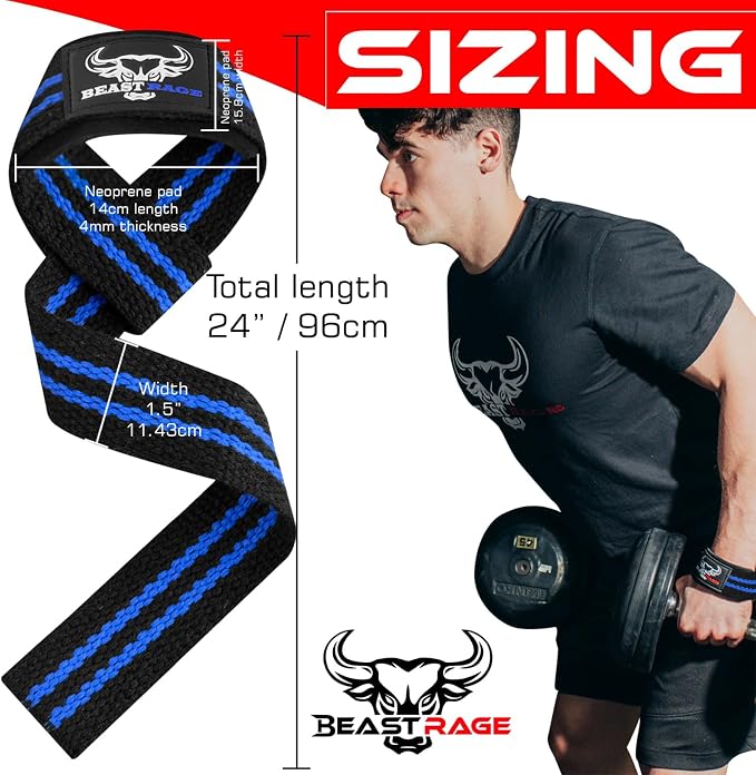 BEAST RAGE Lifting Wrist Straps for Weightlifting, Straps Gym Grip Power Workouts Lifting Straps Padded Neoprene & Premium Cotton Men Women, Deadlift Bodybuilding Exercise Lifting Straps