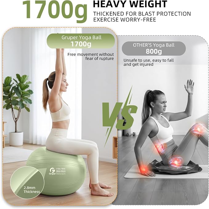 Gruper Yoga Ball, Extra Thick Non Slip Exercise Ball for Workout, Yoga, Pregnancy, 4 Sizes Anti Burst Chair for Home and Office, Includes Foot Pump & Fitness Guide