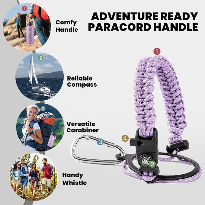 RAYMYLO Insulated Water Bottle 87 oz, Triple Wall Vacuum Stainless Steel | Cold for 48 Hrs), Leak Proof & Non-BPA, Modern Water Flask Jug with Paracord Handle & Straw Spout Lids, Light Purple