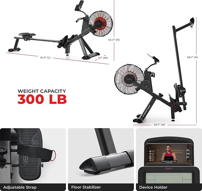 Sunny Health & Fitness Air Rowing Machine, Space-Saving Rower with Long Rail and Upright Storage for Home Gym, Full-Body Cardio Workout, Free SunnyFit Training App