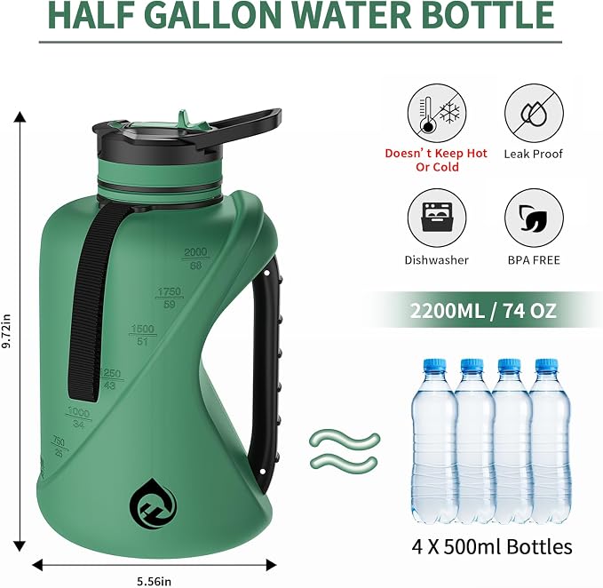 2.2L Half Gallon Water Bottle with Straw & Chug Lid, Dishwasher Safe BPA-Free PP Plastic Jug, Heavy Duty Leakproof Gym Bottle with External Handle & Carrying Strap, Motivational Oz/ML Marker