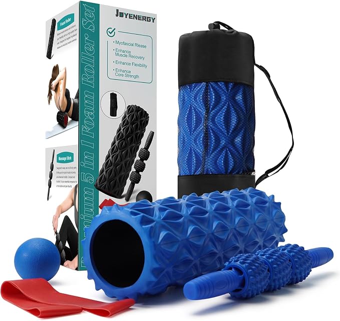 5 in 1 Foam Roller Set High Density Patented Foam Roller for Exercise | Foam Roller Massage Stick, Massage Ball, Resistance Band for Deep Muscle Massage Yoga Trigger Point Release Blue Diamond