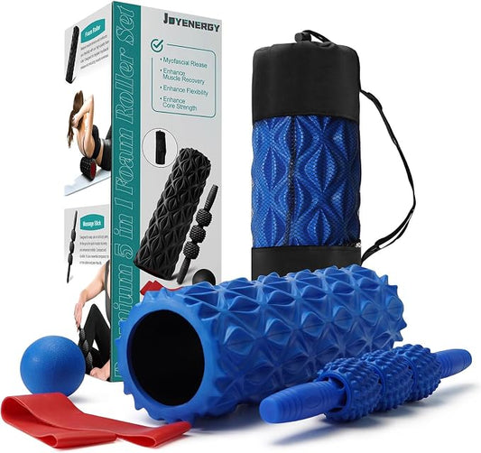 5 in 1 Foam Roller Set High Density Patented Foam Roller for Exercise | Foam Roller Massage Stick, Massage Ball, Resistance Band for Deep Muscle Massage Yoga Trigger Point Release Blue Diamond