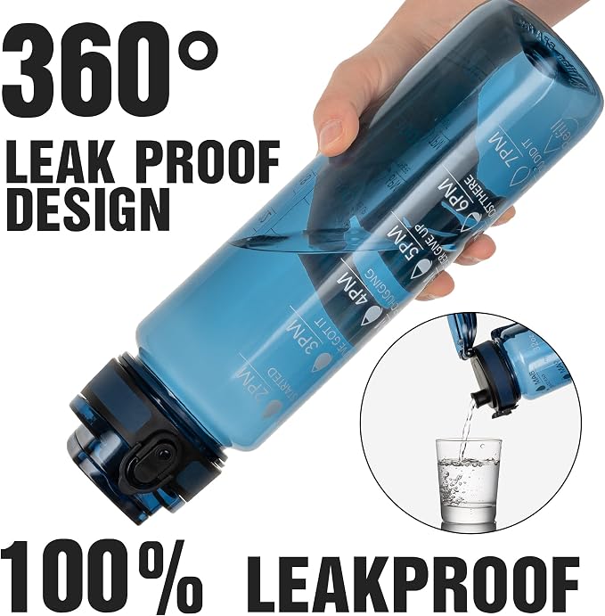 OLDLEY Water Bottle, 32oz Motivational Sports Water Bottle with Time Marker - Times to Drink - Tritan, BPA Free, Wide Mouth Leakproof,Midnight Blue