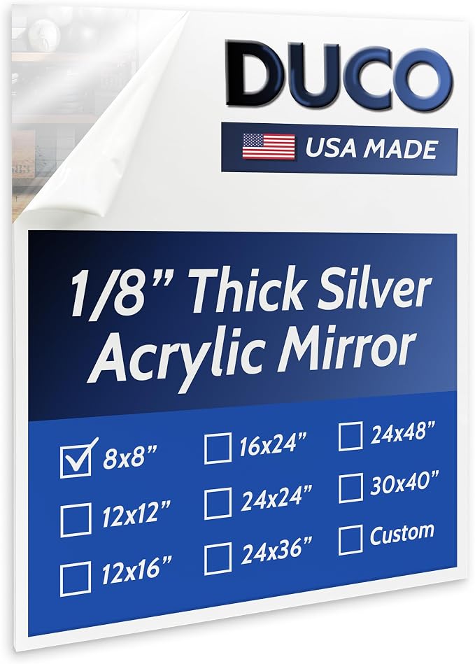 Duco USA-Made Acrylic Mirror Sheet 1/8 Inch Thick 8" x 8" (with Adhesives) - Pack of 1 Silver Frameless Plastic Mirror for Walls, Home Gyms, Bathrooms, & More - Shatter-Proof Mirrored Plexiglass