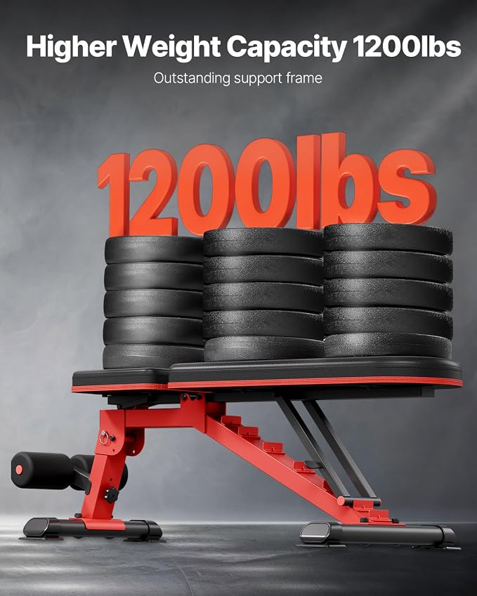 VEVOR Weight Bench, 1200lbs Heavy Duty Stable Weight Bench Press for Full Body Workout, Adjustable Exercise Sit up Bench for Home Gym Strength Training, Flat Bench with Quick Folding & Fast Adjustment
