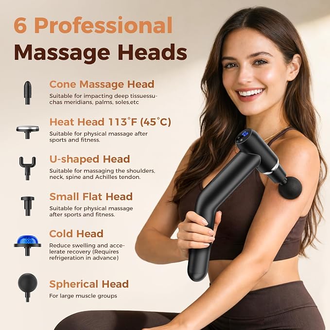 Beyn Hot and Cold Massager Gun with Detachable Extended Handle, 6 Massage Heads & LCD Display - Deep Tissue Massager for Neck Back Body Muscle Pain Relief