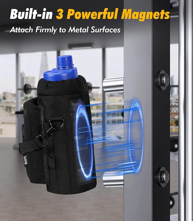 Nuovoware Magnetic Gym Bag, 40oz, Water Bottle Carrier Holder, Black | Adjustable Shoulder Strap, Magnets Magnetic Gym Bag, Bottle Pouch Sling, 2 Pocket, Neoprene Organizer Sleeve