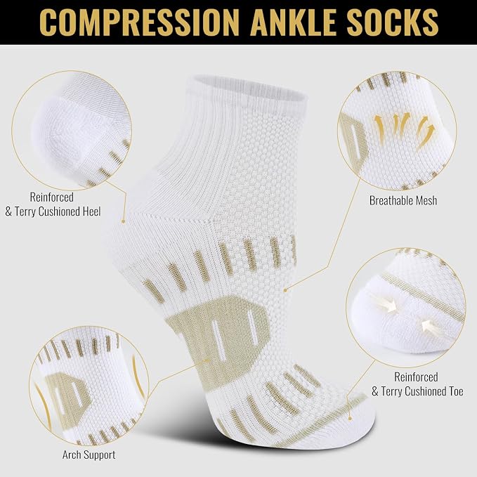6 Pairs Copper Ankle Compression Socks for Men and Women | Copper Graduated Compression Socks with Terry Cushioning and Arch Support, Breathable Mesh Design, Machine Washable