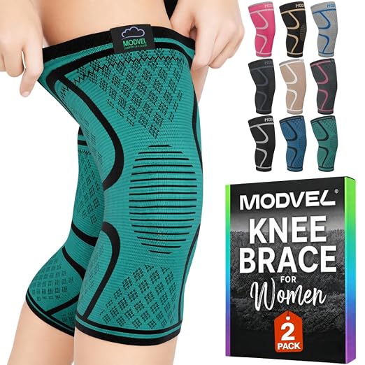 Modvel 2 Pack Knee Brace for Women - Knee Support for Walking, Knee Compression Sleeves for Pain Relief, Knee Sleeves for Women, Knee Brace for Sports, Workouts & Arthritis