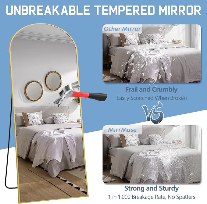 Full Length Floor Mirror, 56"x18" Gold Arched Full Body Mirror | Wall Mounted or Leaning Against Wall, Thin Aluminum Frame, Tempered Glass with Stand, for Bedroom Living Room Dorm