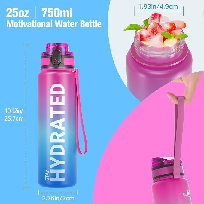 Sahara Sailor Water Bottle 25oz, Tritan Sports Bottle with Time Marker | Bpa Free, Leakproof Wide Mouth With Fast Flow Lid And Cleaning Brush, For Gym School Office Travel, 1 Count