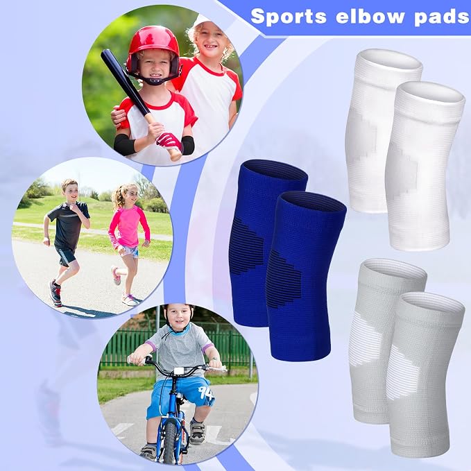 Lenwen 4 Pairs Kids Elbow Brace Compression Arm Elbow Sleeve Knit Guard Gym Protectors for Boys Teen Children Girls Basketball Volleyball Tennis Cycling(8-12 Years,Black, White, Blue, Gray)