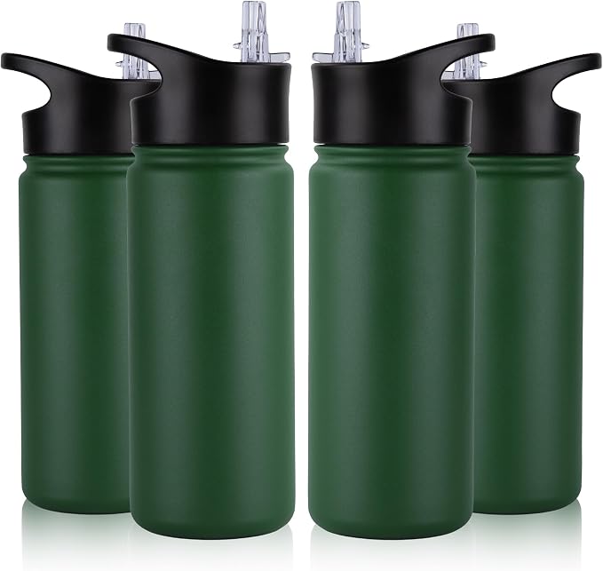 16 oz Insulated Water Bottle Bulk 4 Pack, Straw & Spout Lid, Keep Cold 24H, Spill Proof, BPA-Free, Double Wall, Stainless Steel Kids Water Bottles for School, Sports, Dark Green
