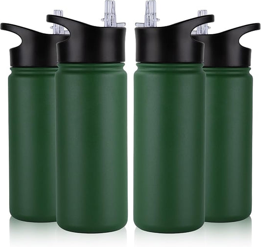 16 oz Insulated Water Bottle Bulk 4 Pack, Straw & Spout Lid, Keep Cold 24H, Spill Proof, BPA-Free, Double Wall, Stainless Steel Kids Water Bottles for School, Sports, Dark Green