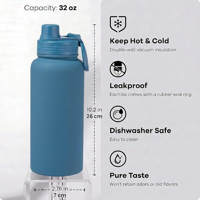 Blue Insulated 32 oz Metal Leakproof Water Bottle | Mens Stainless Steel Water Flask, Large Sports Travel Water Bottle for Gym,Hiking,1 liters Thermal Bottle with 2 Lids