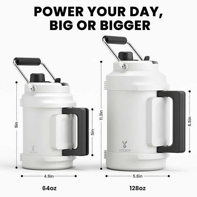 1 Gallon Insulated Water Bottle for Sports: Meoky 128 oz Triple Wall Vacuum Stainless Steel Water Jug - Top and Side Handles, Cold for 48 Hrs, 2-in-1 Straw and Spout Lid, Leak Proof for Hiking (Ivory)