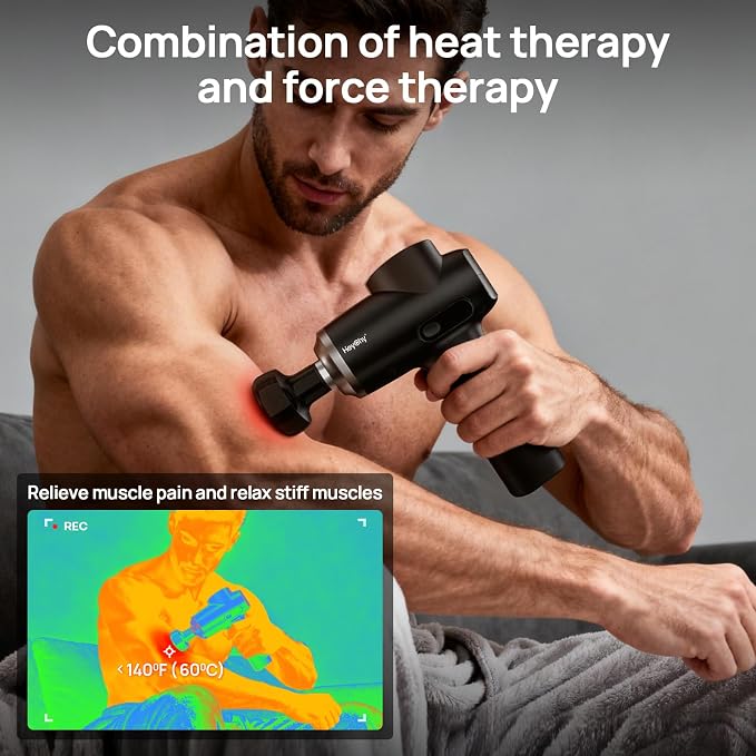 HEYCHY Percussion Massage Gun Deep Tissue with Heat, FSA Eligible, 12mm Amplitude Massager for Back Neck Relief, Quite for Home Gym Use, Athletes, Men Women, HSA Eligible