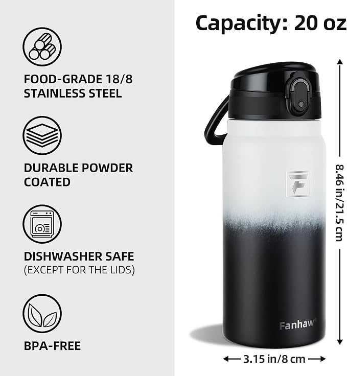 Fanhaw 20 Oz Insulated Stainless Steel Water Bottle with Chug Lid – Wide Mouth, Leak-Proof, BPA-Free – Ideal for Kids, Adults, Sports, Gym, and Outdoor Use (White Black)
