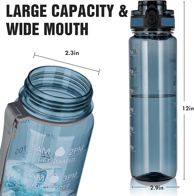OLDLEY Water Bottle, 32oz Motivational Sports Water Bottle with Time Marker - Times to Drink - Tritan, BPA Free, Wide Mouth Leakproof,Misty Teal