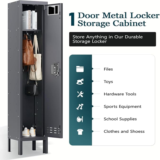 BUTISOW Metal Storage Locker with Lock & Card Slot Locker - Secure Lockable Door - Steel Locker for School, Office, Gym, Home - 66.15" H x 11.8" W x 11.8" D（1 Door, Grey）