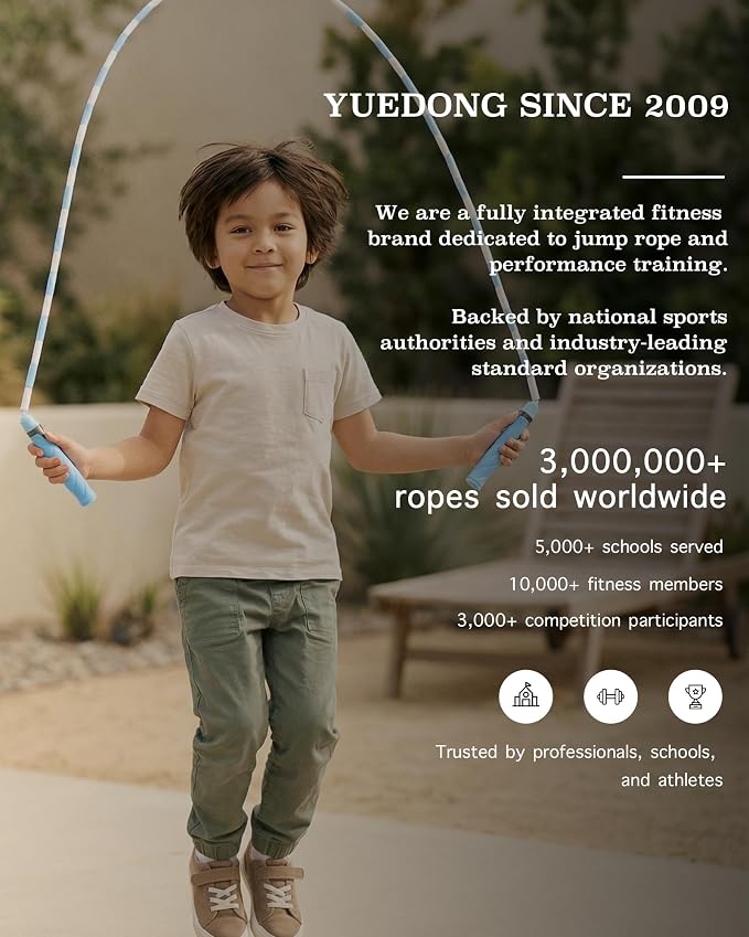 YUEDONG Ultra-Soft Beaded Jump Rope with Tangle-Free TPU Beads for Kids | Soft TPU beads, thumb-groove grip, rhythmic click sound, waterproof name tag, carry bag, for kids at school and outdoors