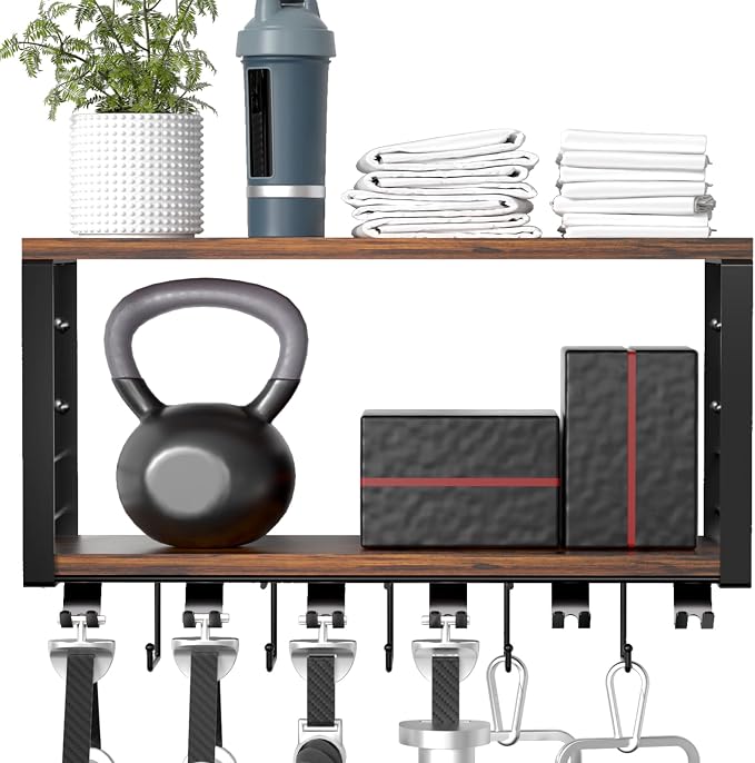 TJ.MOREE 2 Tier Floating Shelf Compatible with Tonal Accessories Wall Mount | Brown Woodeen Home Gym Storage Rack for Fitness Equipment, T-Bracket Lock Adapters Hanger