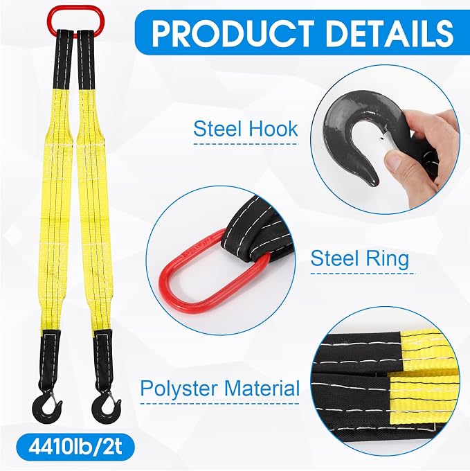 2 Pack Lifting Slings Straps with Hooks Web Slings Capacity Polyester Bridle Sling Heavy Duty Two Leg Lifting Straps for Engines Cranes Hoists Truck (5.5ft,Yellow)