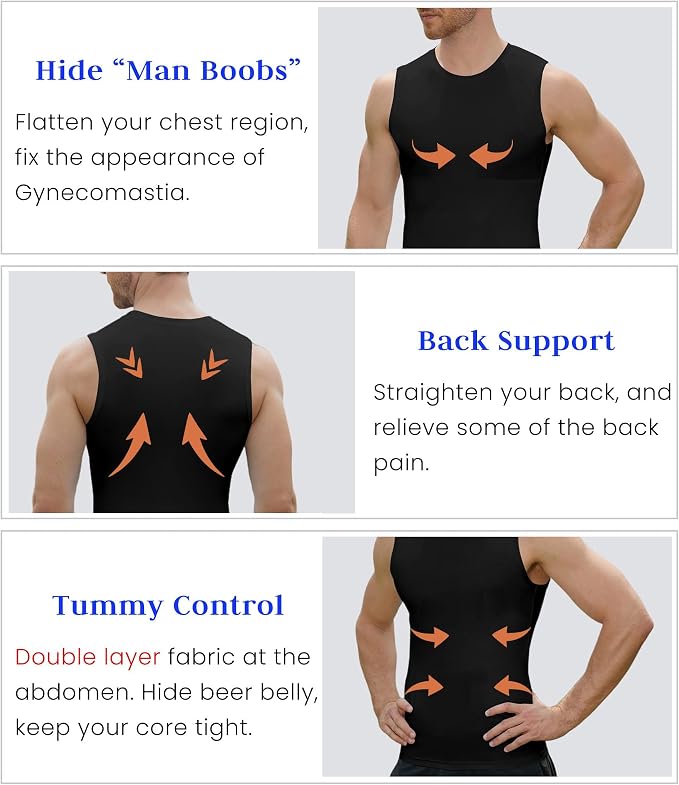 Compression Shirt Men Slimming Body Shaper Vest Crewneck Workout Tank Top | Tummy Control Undershirts, Gynecomastia Compression Shirts, Back Support, Sleeveless Muscle Shirts, Shaping Tank Top