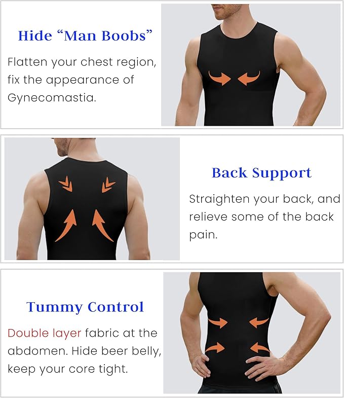 Compression Shirt Men Slimming Body Shaper Vest Crewneck Workout Tank Top | Tummy Control Undershirts, Gynecomastia Compression Shirts, Back Support, Sleeveless Muscle Shirts, Shaping Tank Top