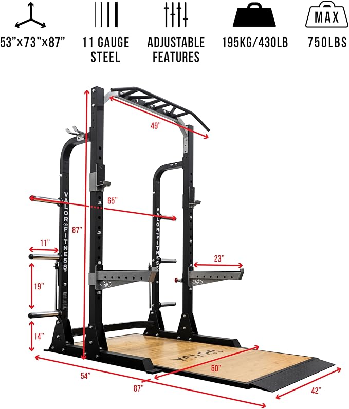 Valor Fitness Half Rack Squat Machine - 5 Position Multi-Grip Pull Up Station - Adjustable Height, Plate Storage, Bar Storage and Resistance Band Pegs – 750lbs.- Optional Weightlifting Platform Bundle