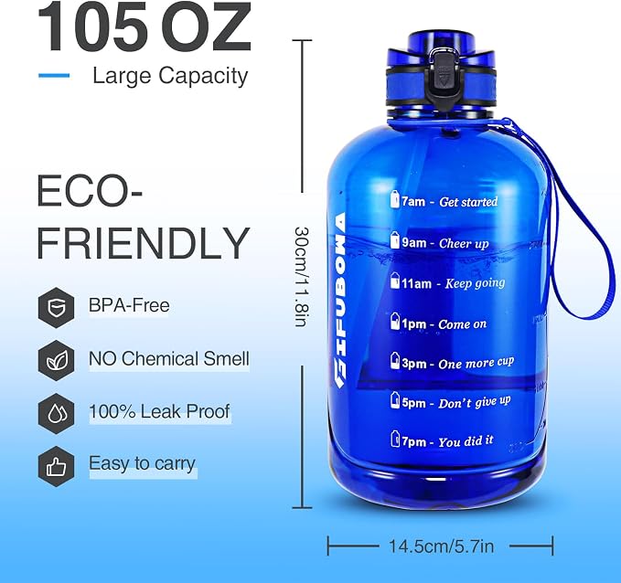 3L Water Bottle with Straw, Time Marker, Handle | 1PC large 3 liter Leakproof BPA Free Drinking Bottle for Sport Gym