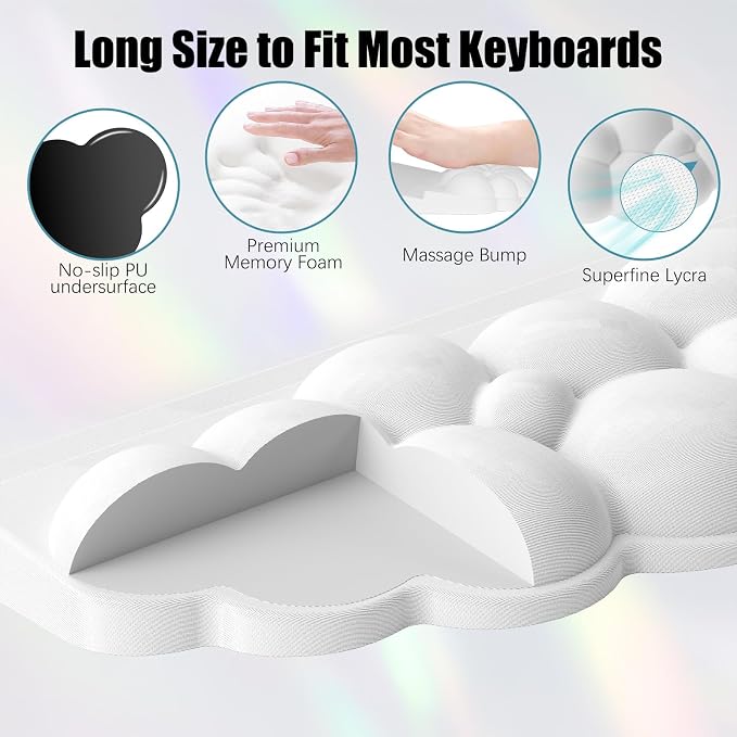 Ergonomic Wrist Rest for Keyboard and Mouse, Cloud Keyboard Stand Pad | Soft Memory Foam Keyboard Riser Holder with Wrist Pad, Easy Typing, Pain Relief, Comfort for Office, Work, Gaming - White