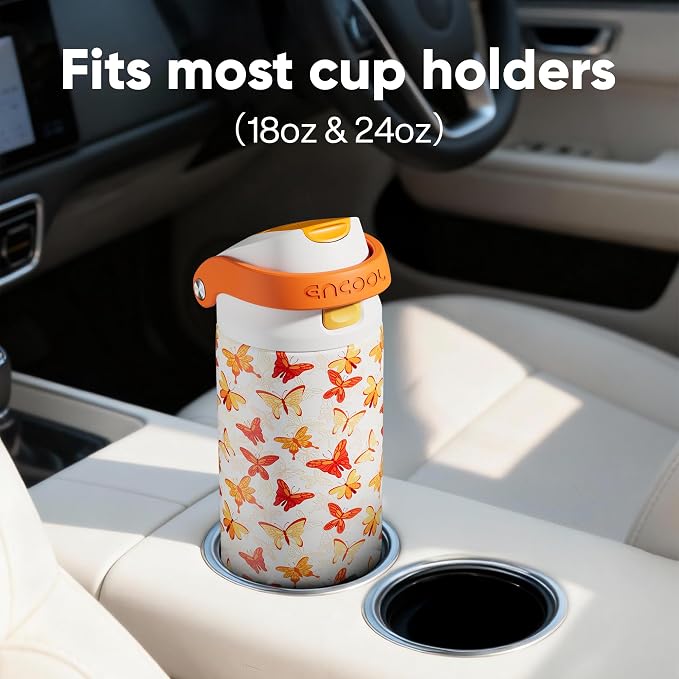 ENCOOL Leakproof Insulated Water Bottle with Straw Dual-Sip Water Bottle Bag-Safe Design for Work, Commute & Gym – Keeps Drinks Cold All Day, 24 oz, Sunset Butterflies