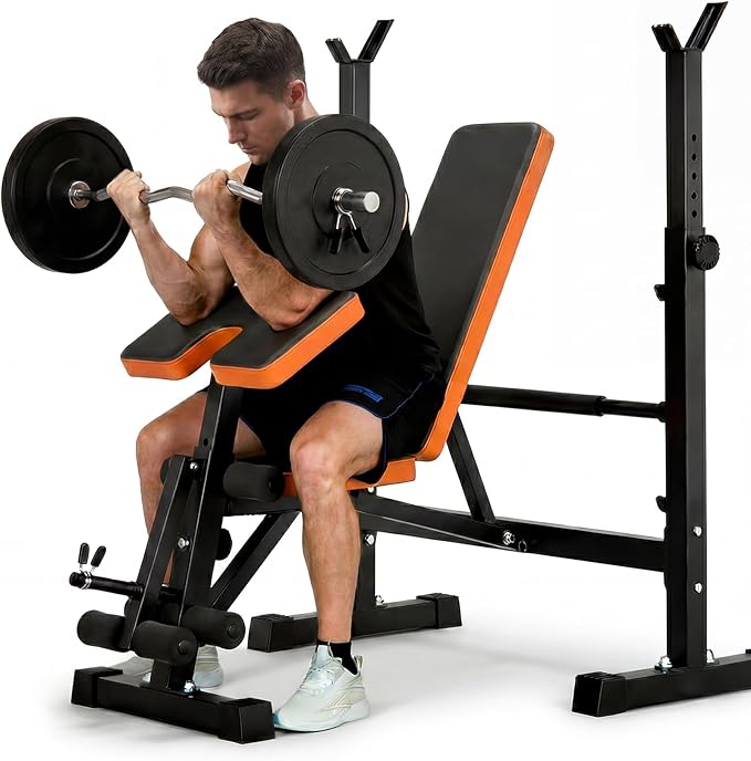 YOLEO Beginner Weight Bench Set for Home Gym, 6-in-1 Adjustable Workout Bench with Squat Rack, Foldable Full Body Fitness Equipment for Bench Press, Sit-Up & Strength Training