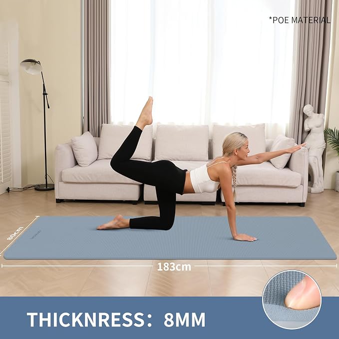 Extra Wide & Thick 8mm Yoga Mat, 72"x31.5" | Large Non Slip Exercise Mat, Premium POE Material, Superior Cushioning & Stability, With Strap for Home Gym, Pilates