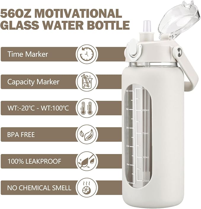 56oz Glass Water Bottles with Straw, Motivational Glass Bottle with Silicone Sleeve and Time Marker, Leakproof Large Glass Water Jug for Gym Home Office,White