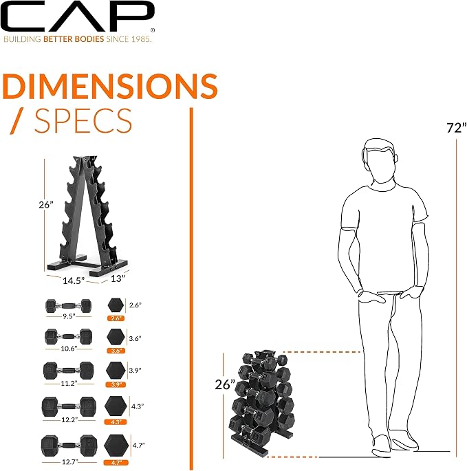 CAP Rubber Coated Hex Dumbbell Set with Storage Rack | 100–210 lb Options, Space-Saving Vertical Compact Storage for Home Gym Strength Training