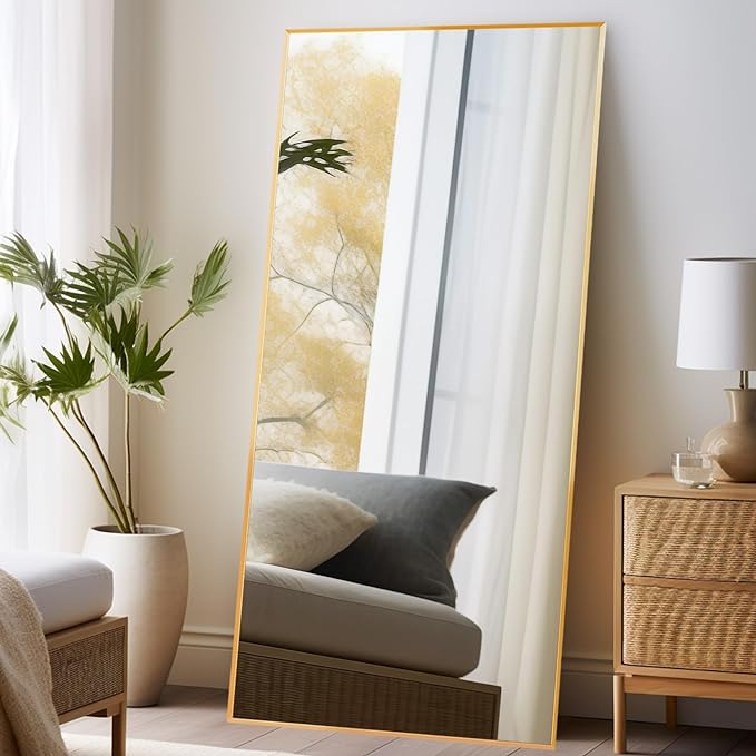Beauty4U 71" x 32" Full Length Mirror with Stand, Gold Large Floor Mirror | Standing, Leaning, or Wall-Mounted Tempered Glass Full Body Mirror with Metal Frame for Bedroom, Closet, Modern Home Decor
