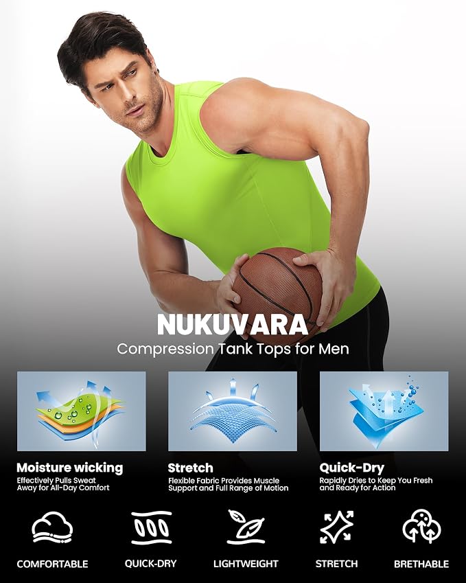 Men's Compression Shirt Sleeveless Athletic Workout Tank Tops Quick Dry Muscle Undershirts for Gym Running