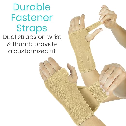 Vive Wrist Brace - Carpal Tunnel Hand Compression Support Wrap for Men | Women, Tendinitis, Bowling, Sports Injuries Pain Relief - Removable Splint - Universal Ergonomic Fit (Beige, Right)