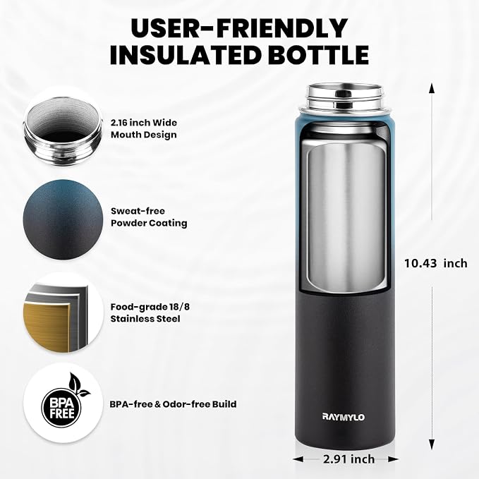 RAYMYLO Insulated Water Bottle 24 oz, Triple Wall Vacuum Stainless Steel | (Cold for 24Hrs, Hot for 12Hrs), Leak Proof & Non-BPA, Modern Water Flask Jug with Paracord Handle & Straw Spout Lids
