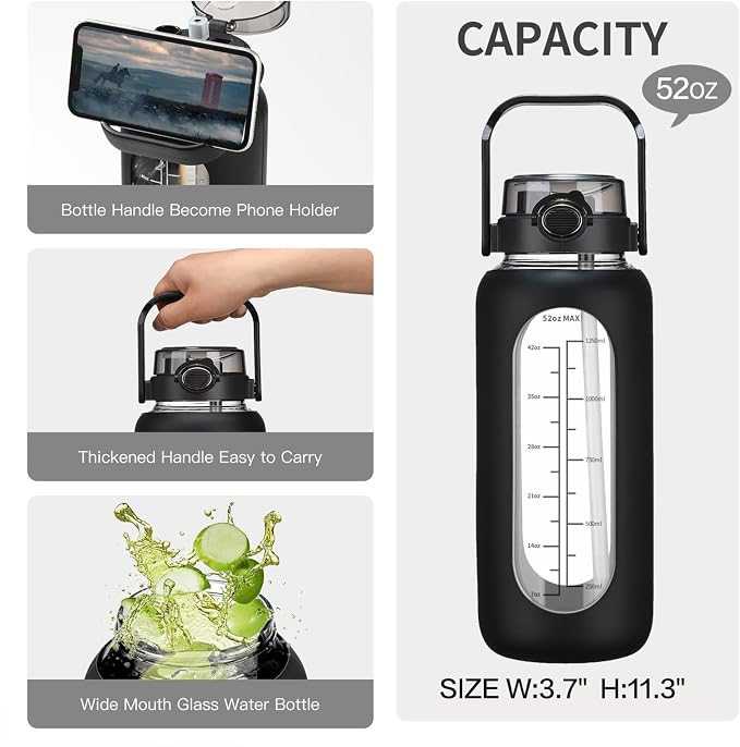 chunmo 42oz/52oz/64oz Glass Water Bolttles with Straw Half Gallon Large Motivational Water Bottle with Time Marker Sports Water Bottles with Silicone Sleeve and Handle Lid Water Jug for Gym Workout