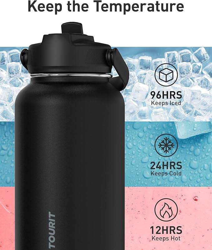 TOURIT 24 oz Insulated Water Bottle, Stainless Steel Water Bottles With Straw, Double Wall Vacuum Insulation for Cold and Hot Drinks, Leak Proof BPA Free Water Flask for Sports and Travel, Black