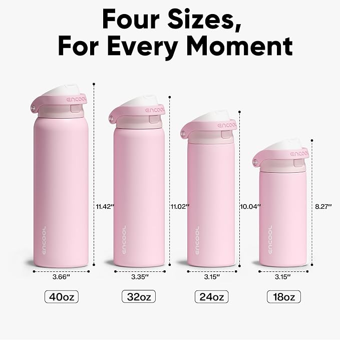 ENCOOL Leakproof Insulated Water Bottle with Straw Dual-Sip Water Bottle Bag-Safe Design for Work, Commute & Gym – Keeps Drinks Cold All Day, 24 oz, Poppy Pink