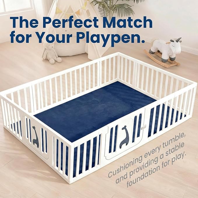 Baby Play Mat for Floor,1.3" Thick Elasti-Foam Large 59"×71" Playpen Mat,Non-Toxic Certified Water-Repellent Coral Velvet, Non-Slip Safe Crawling Mat for Tummy Time, Toddler & Infant(Dark Blue)
