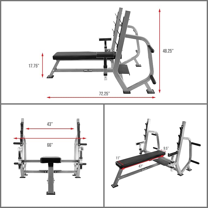 Valor Fitness Olympic Weight Bench Press Station | Spotter Arms, Adjustable Safety Catch, Max 500 lbs, Plate Storage Pegs, Home Gym Equipment